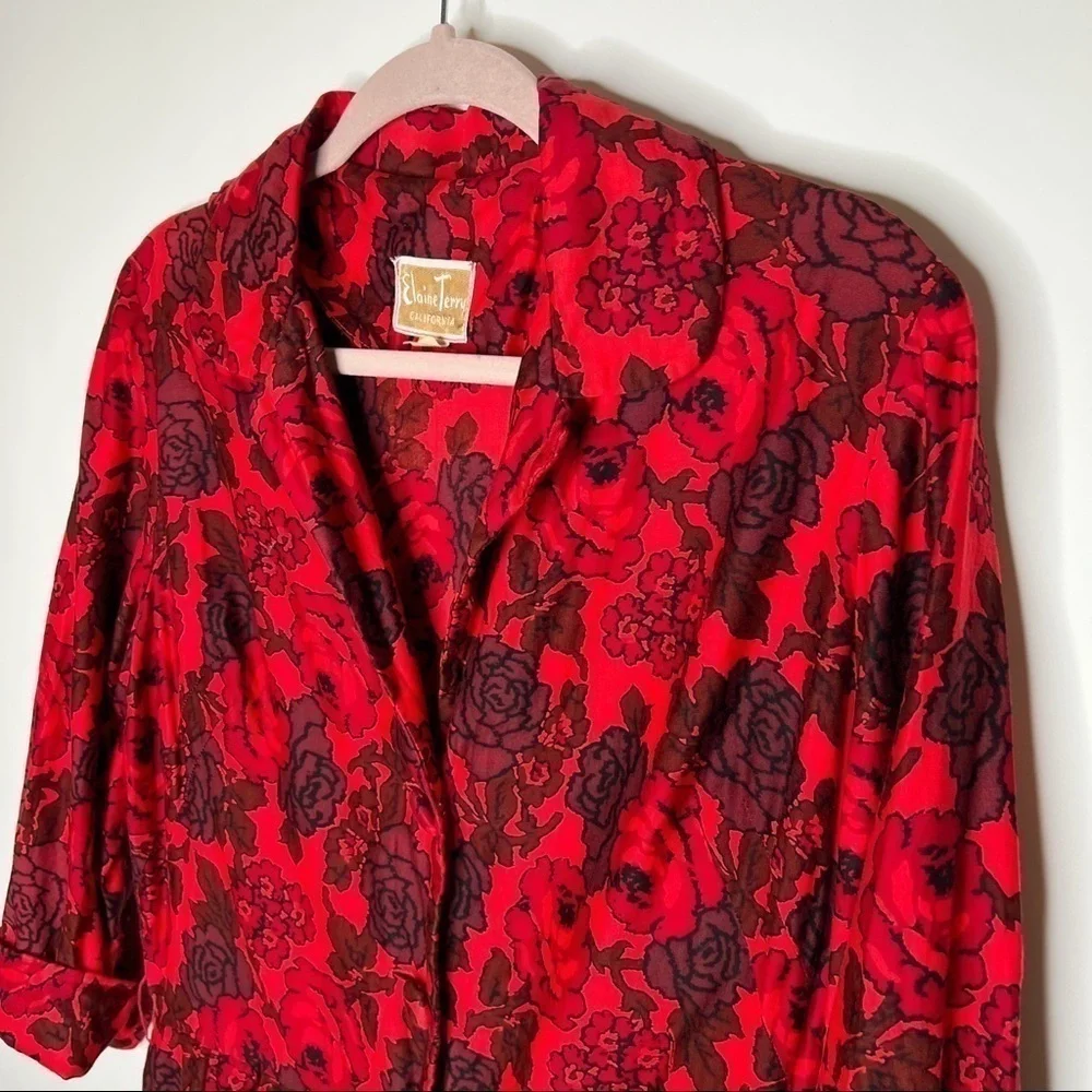Vintage Floral Midi Dress Red Button Front 60s Sheath Elaine Terry Size Medium - Picture 3 of 13
